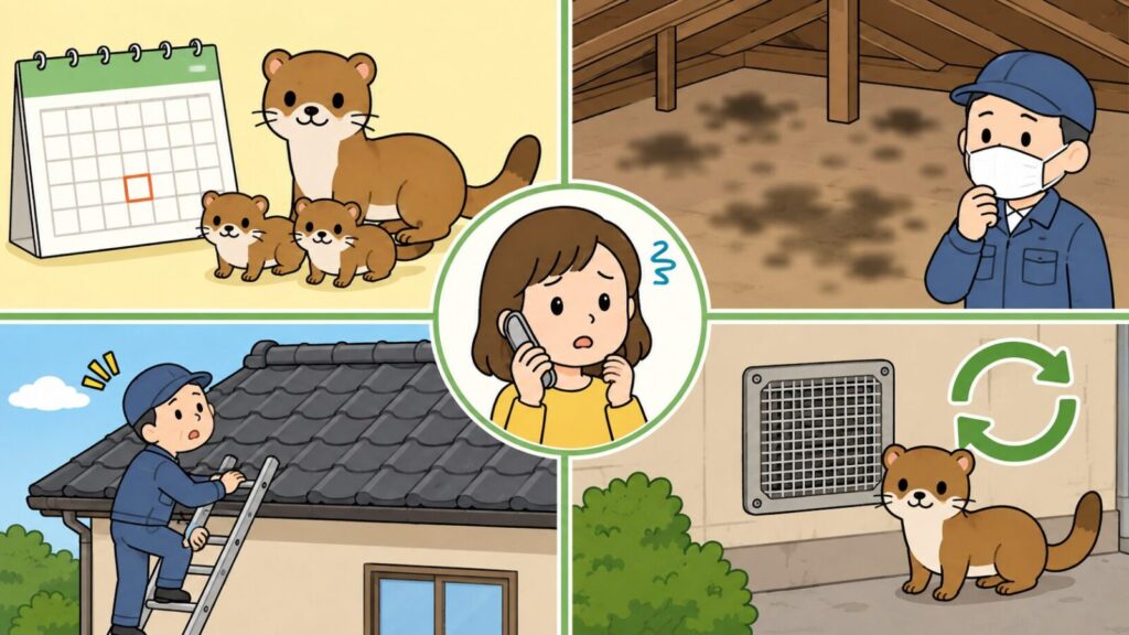カレンダーの前に並ぶ親子のイタチ、マスクを着けて糞で汚れた天井裏を確認する作業員、はしごを立てかけた瓦屋根の注意マーク、金網でふさいだ換気口の横に再び現れたイタチの4場面と、中央で困り顔で電話する住民女性を描いた、業者に相談すべきケースのいらすとや風イラスト