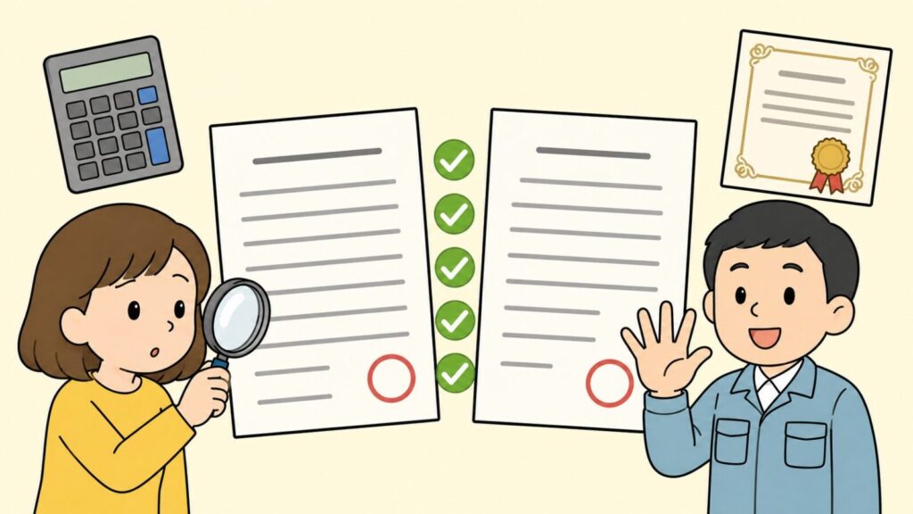 虫眼鏡で見積書を確認する黄色い服の住民女性と、手のひらを開いて5つのポイントを示す水色の作業服の男性を左右に配置し、緑のチェックマークが5つ並んだ判子欄付きの書類2枚、電卓、リボン付きの保証書を添えた業者選びのいらすとや風イラスト