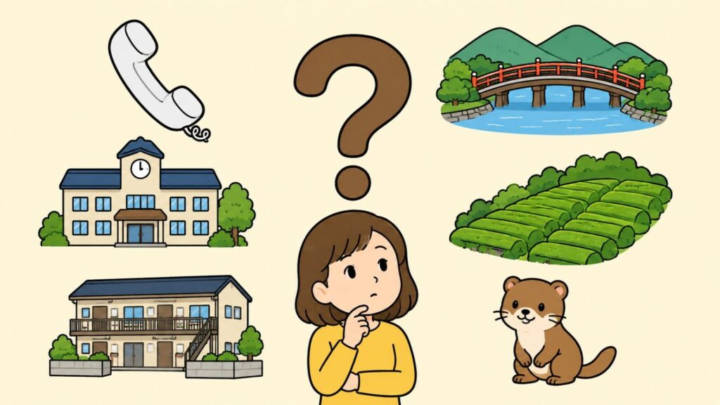 クエスチョンマークを中央に置き、受話器、宇治川に架かる朱色の欄干の橋、市役所の庁舎、丘に広がる茶畑の畝、賃貸マンション、丸っこい茶色のイタチを周囲に配して、あごに手を当てて考える住民女性を添えた、宇治市のイタチ駆除のよくある質問を表すいらすとや風イラスト