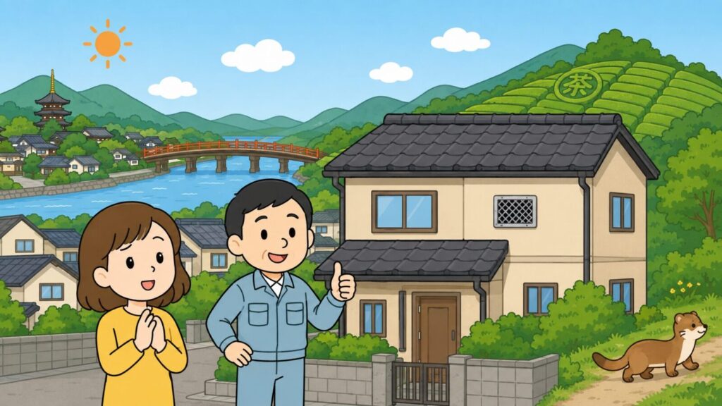 宇治川と朱色の欄干の橋、丘の茶畑、五重塔のある町並みと東の山並みを背景に、金網で換気口をふさいだ住宅の前で安心した表情の住民女性と親指を立てる作業員が並び、草むらへ去っていくイタチを描いた、宇治市での対策完了を表すいらすとや風イラスト