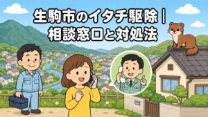 西の緑の山並みと東のなだらかな丘陵、谷あいの住宅街と川を背景に、スマートフォンで相談する黄色い服の住民女性と、受話器を持って笑顔で応対する市の男性職員、工具箱を持つ作業員、瓦屋根に座る茶色のイタチを描いた生駒市のイタチ駆除のいらすとや風メインアイキャッチ