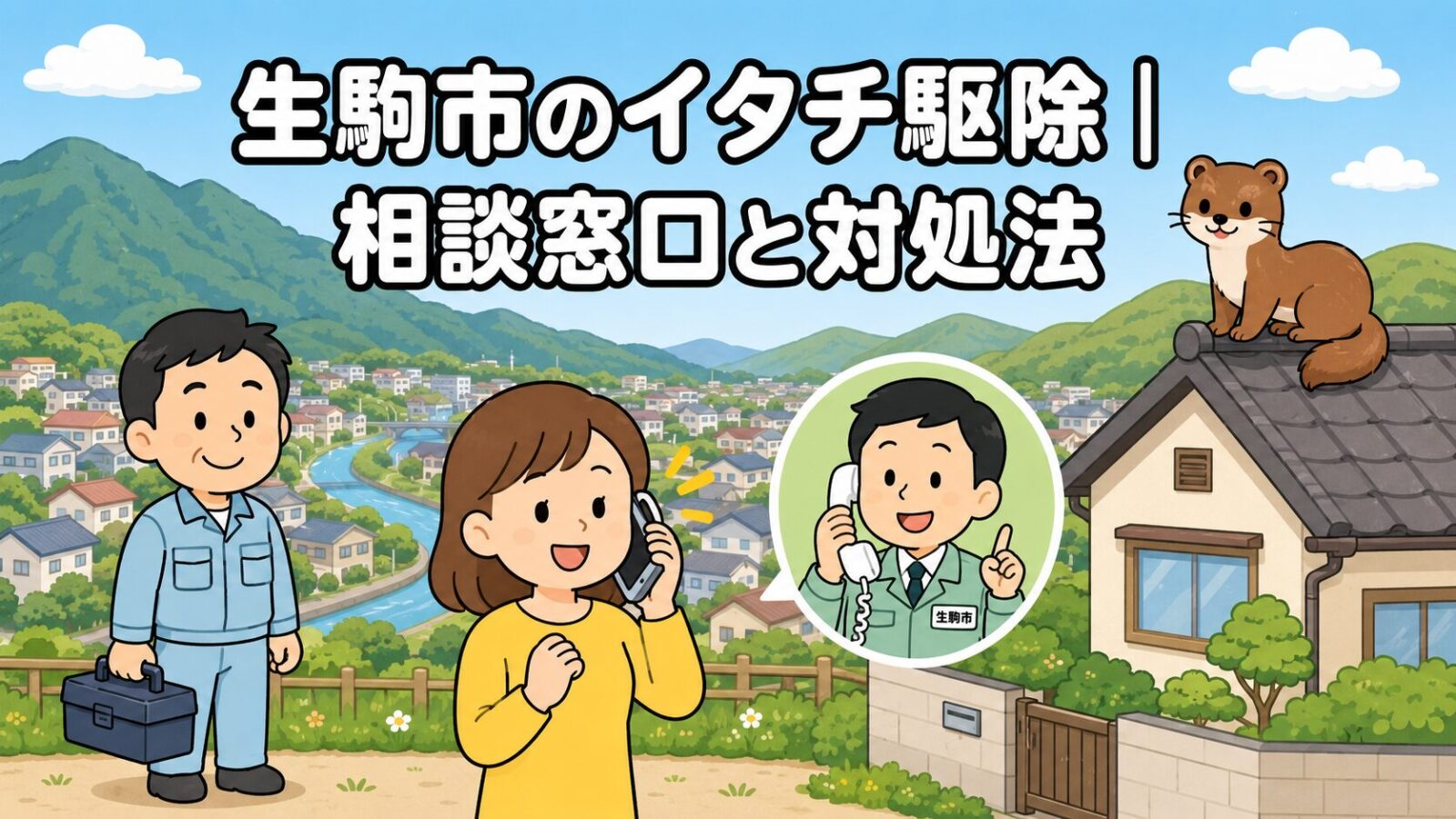 西の緑の山並みと東のなだらかな丘陵、谷あいの住宅街と川を背景に、スマートフォンで相談する黄色い服の住民女性と、受話器を持って笑顔で応対する市の男性職員、工具箱を持つ作業員、瓦屋根に座る茶色のイタチを描いた生駒市のイタチ駆除のいらすとや風メインアイキャッチ