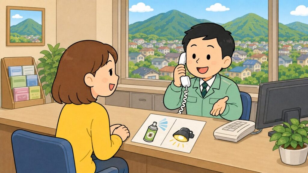緑の山並みと谷あいの住宅街が見える市役所の窓口カウンターで、受話器を持って応対する男性職員と相談する黄色い服の住民女性が向かい合い、カウンターに忌避スプレーとライトのアイコンを載せた案内の紙を置いて、市が追い出しの方法を案内することを表したいらすとや風イラスト