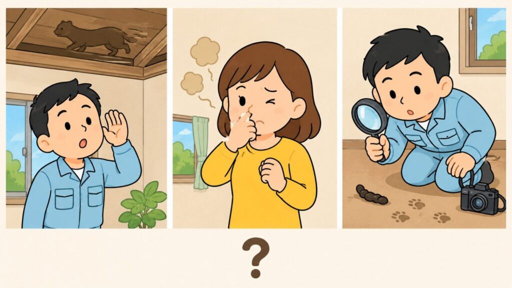 天井裏を走るイタチの物音に耳を澄ます男性、糞尿の臭いに顔をしかめる住民女性、虫眼鏡とカメラで細長い糞と足跡を調べる作業員の3場面を横に並べ、下部のクエスチョンマークで手掛かり一つだけでは動物を断定できないことを示したいらすとや風イラスト