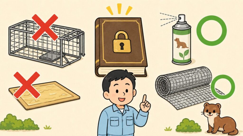錠前アイコン付きの法律の本と黄色い注意マークを中央に置き、左に赤いバツ印の付いた箱わなと粘着シート、右に緑の丸印の付いた忌避スプレーと金網を配置し、人差し指を立てて説明する水色の作業服の男性を添えた、イタチ対策で許可なくできることとできないことを表すいらすとや風イラスト