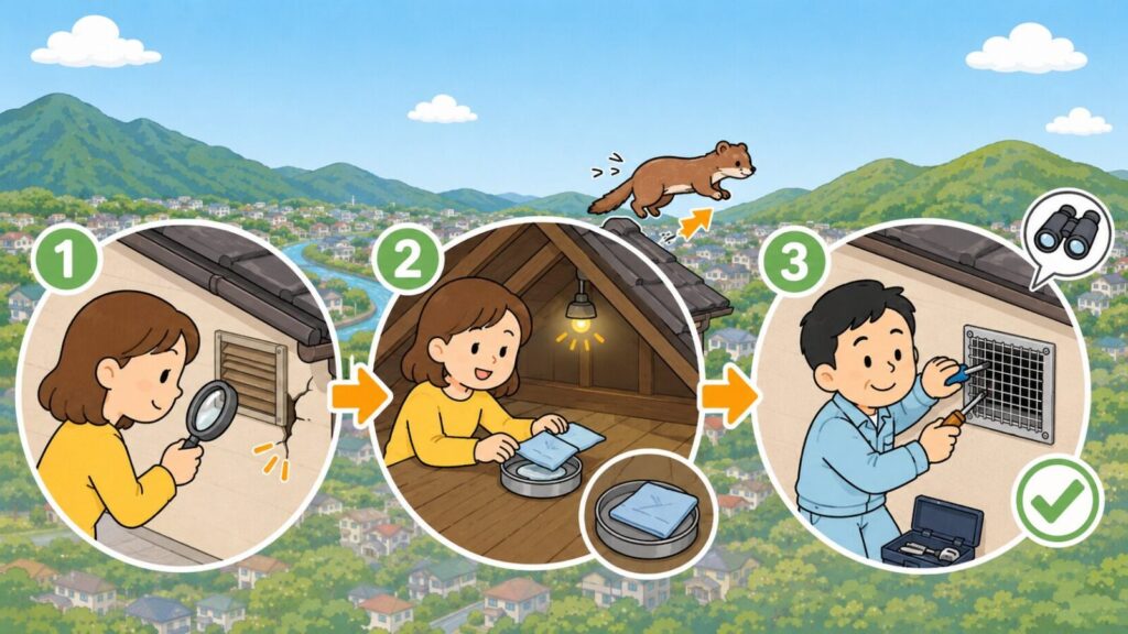 緑の山並みと谷あいの住宅街を背景に、換気口の隙間を虫眼鏡で点検する場面、缶のふたに置いた忌避剤とライトを屋根裏に仕掛けてイタチを追い出す場面、双眼鏡とカメラで確認してから金網を取り付ける場面をオレンジの矢印でつないだいらすとや風イラスト