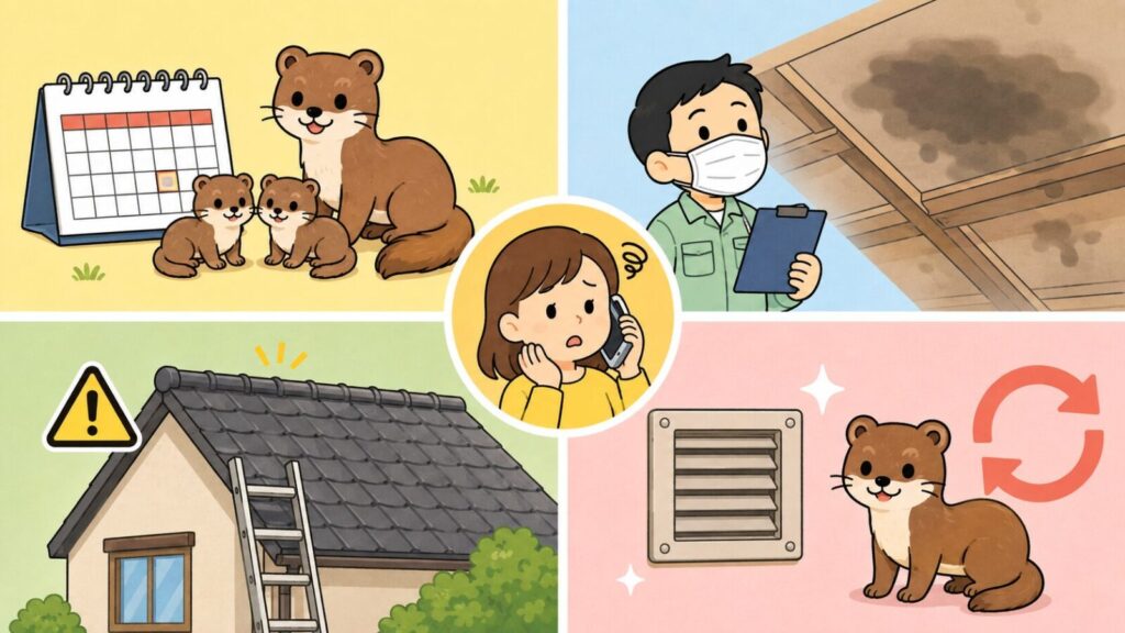 カレンダーの前に並ぶ親子のイタチ、マスクを着けて糞で汚れた天井裏を確認する作業員、はしごを立てかけた瓦屋根の注意マーク、金網でふさいだ換気口の横に再び現れたイタチの4場面と、中央で困り顔で電話する住民女性を描いた、業者に相談すべきケースのいらすとや風イラスト