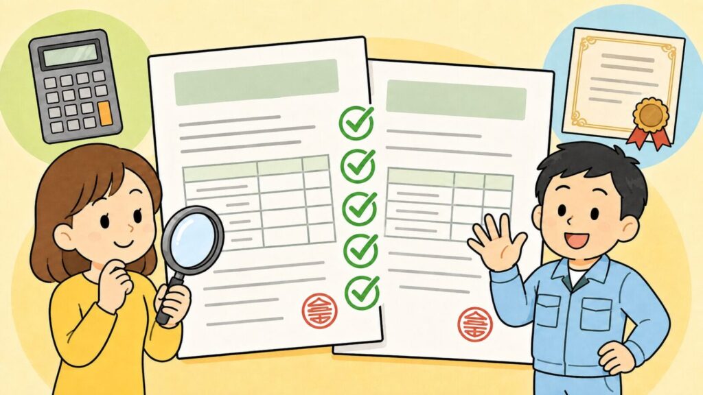 虫眼鏡で見積書を確認する黄色い服の住民女性と、手のひらを開いて5つのポイントを示す水色の作業服の男性を左右に配置し、緑のチェックマークが5つ並んだ判子付きの書類2枚、電卓、リボン付きの保証書を添えた業者選びのいらすとや風イラスト