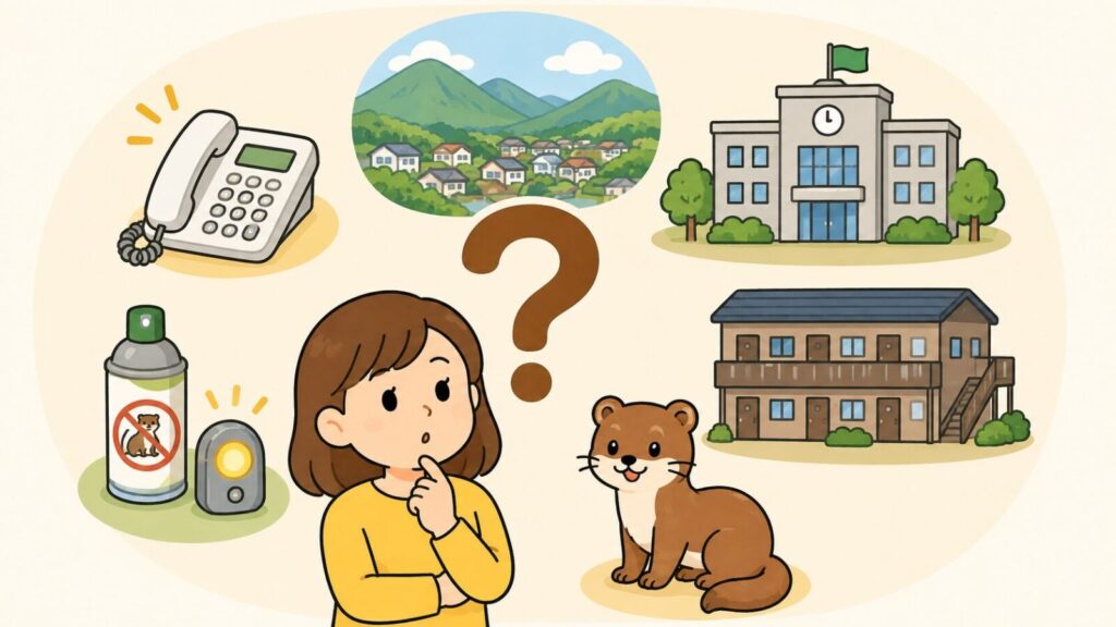 クエスチョンマークを中央に置き、電話機、緑の山並みと谷あいの住宅街、市役所の庁舎、忌避スプレーとライト、賃貸アパート、丸っこい茶色のイタチを周囲に配して、あごに手を当てて考える住民女性を添えた、生駒市のイタチ駆除のよくある質問を表すいらすとや風イラスト