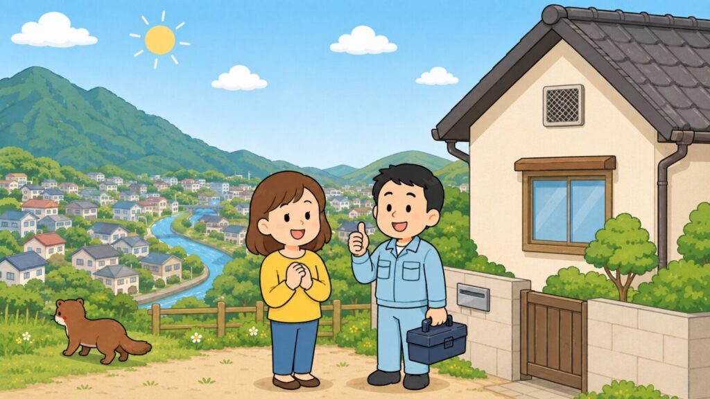 西の緑の山並みと谷あいの住宅街、川を背景に、金網で換気口をふさいだ住宅の前で安心した表情の住民女性と親指を立てる作業員が並び、草むらへ去っていくイタチを描いた、生駒市での対策完了を表すいらすとや風イラスト