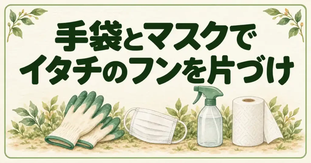 手袋とマスクでイタチのフンを片づけ